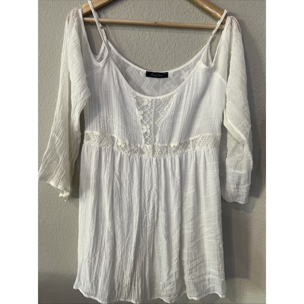 Honey Punch Boho WHITE Peasant Tunic Top Crochet Lace Off Shoulder Blouse MEDIUM